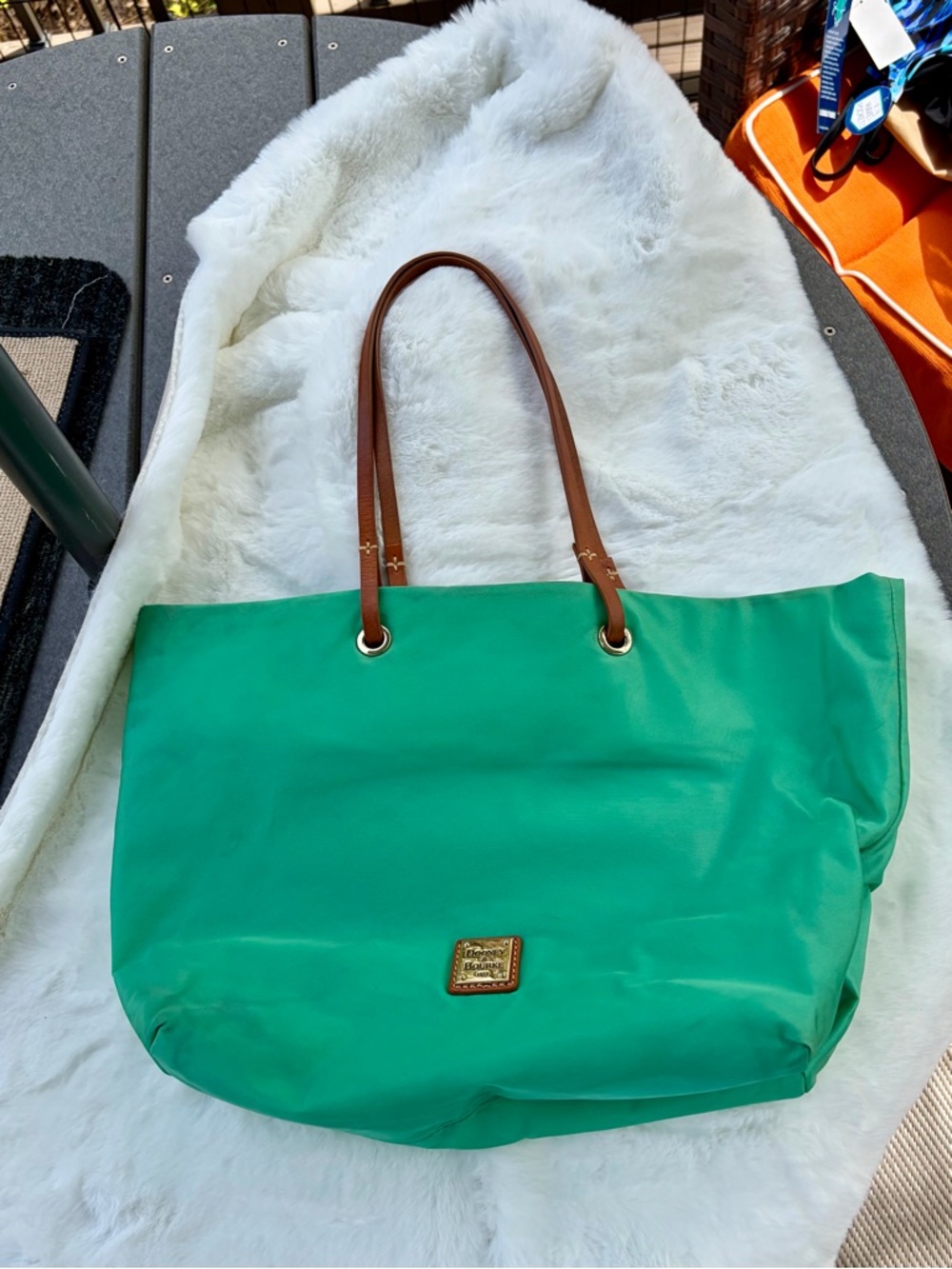 Dooney & Bourke Green Tote with Brown Leather Handles